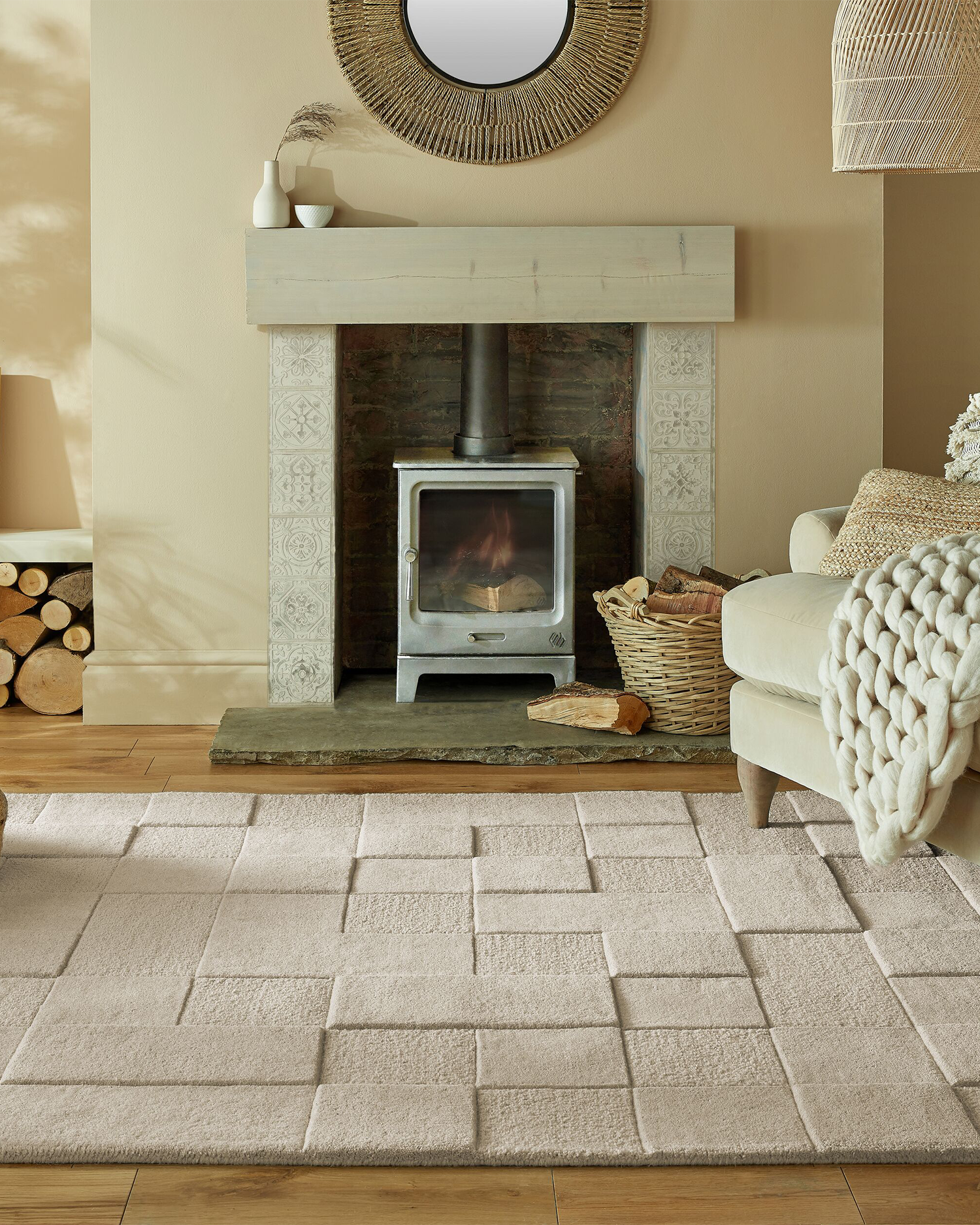 Tappeto moderno in lana Checkerboard, naturale