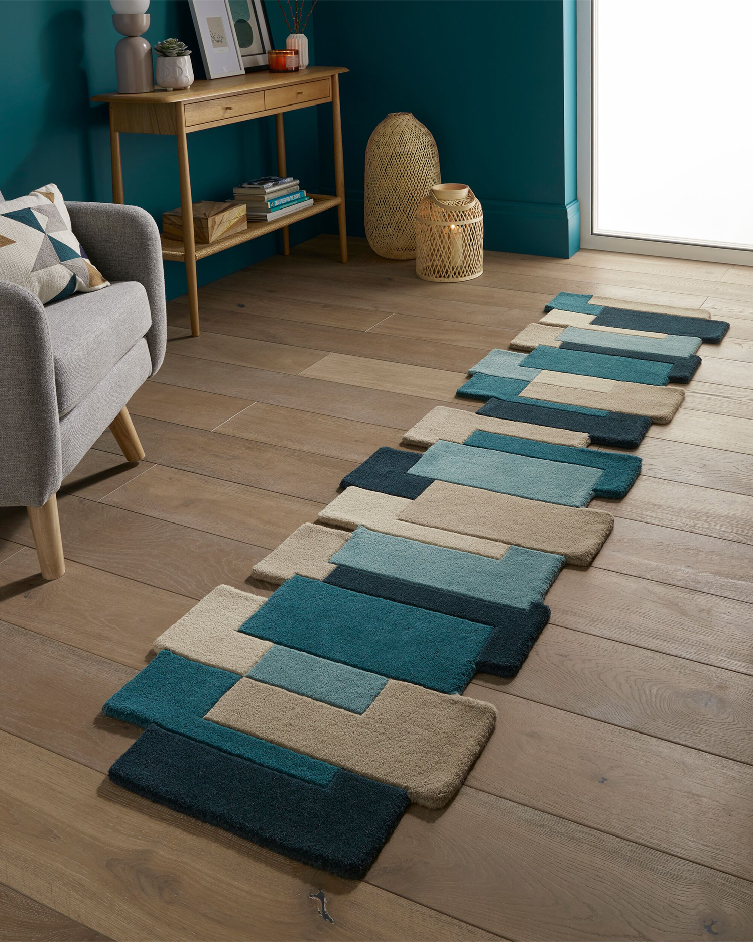 Runner astratto in lana Collage Teal