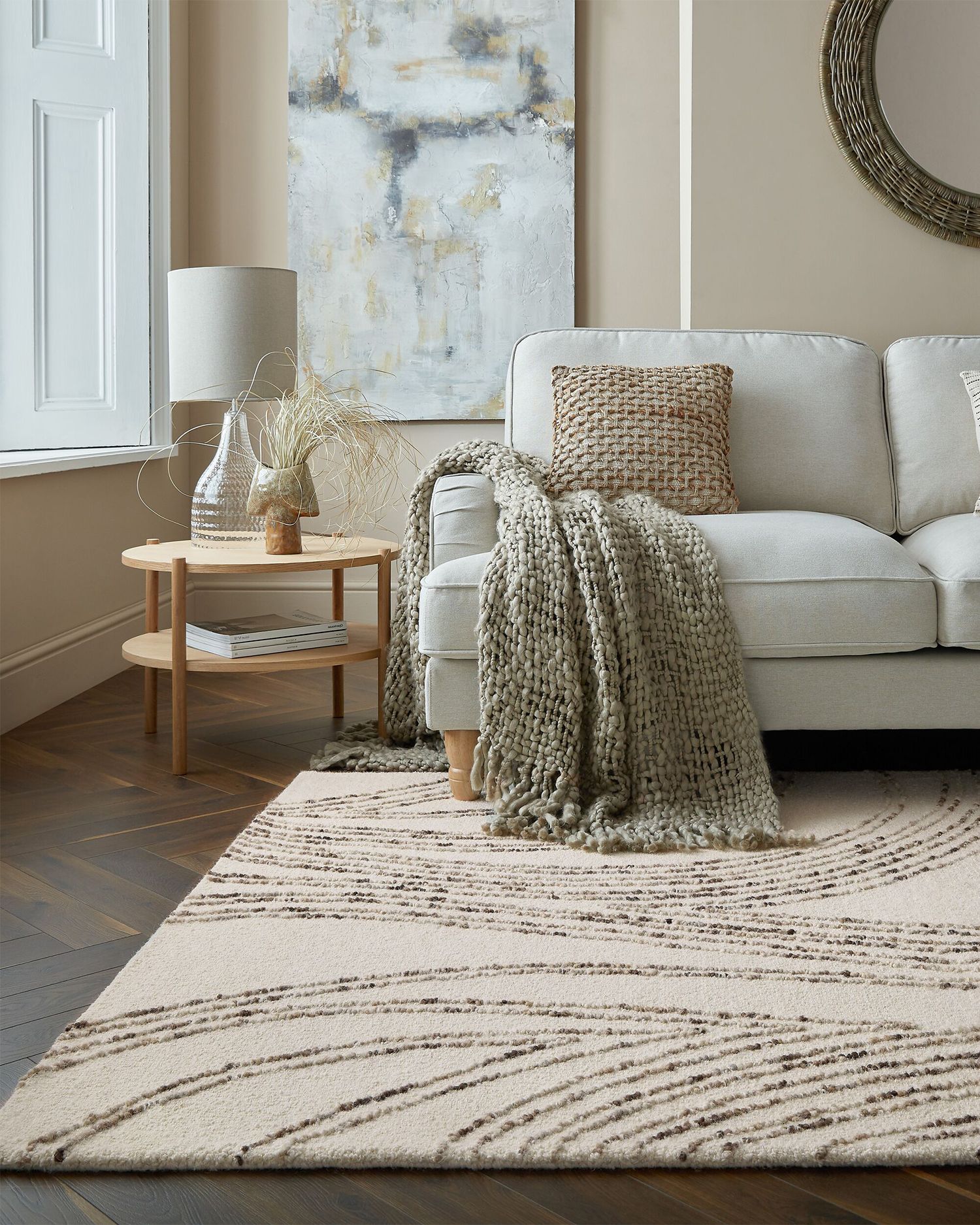 Tappeto in lana Abstract Swirl, crema e marrone