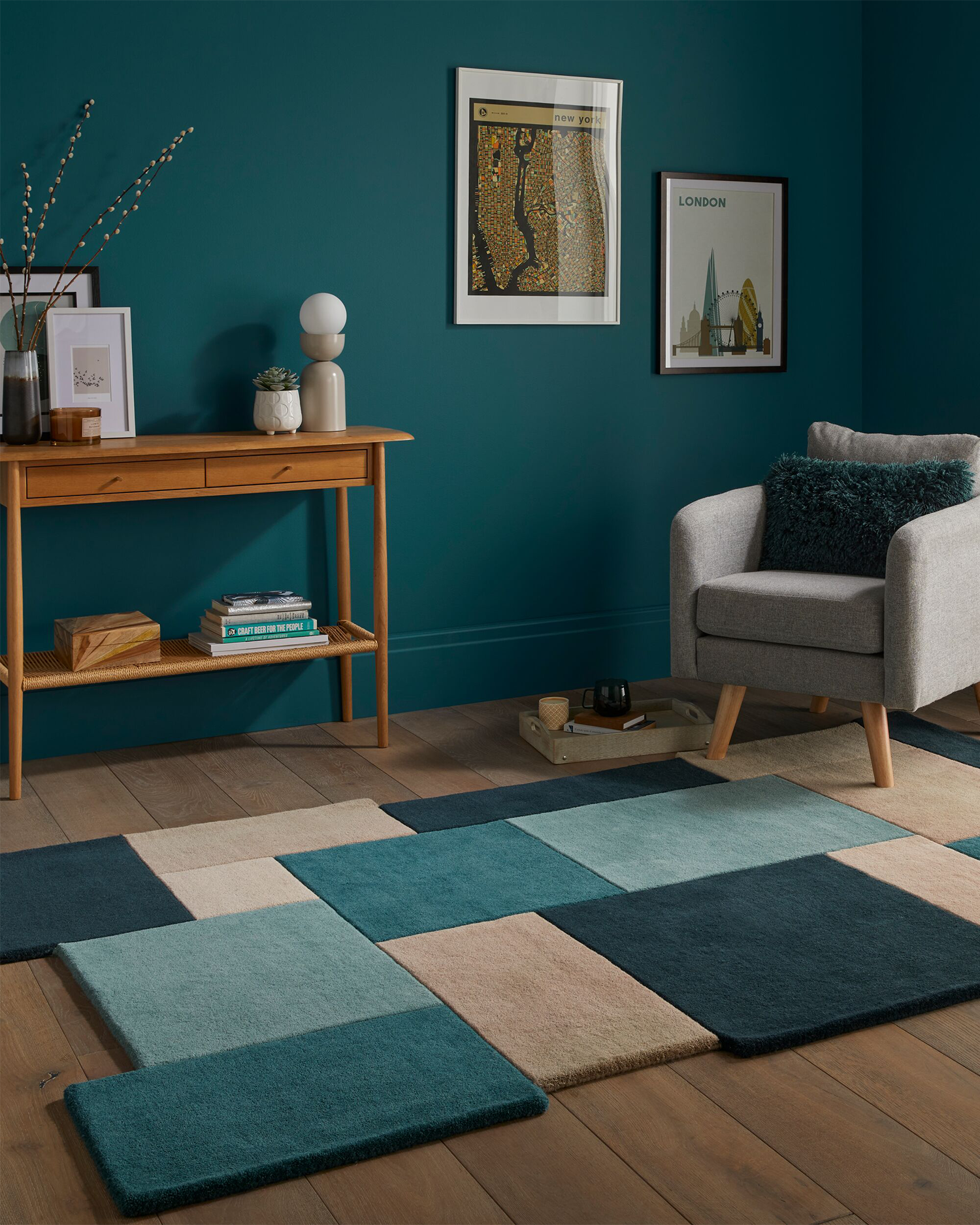 Tappeto astratto in lana Collage Teal