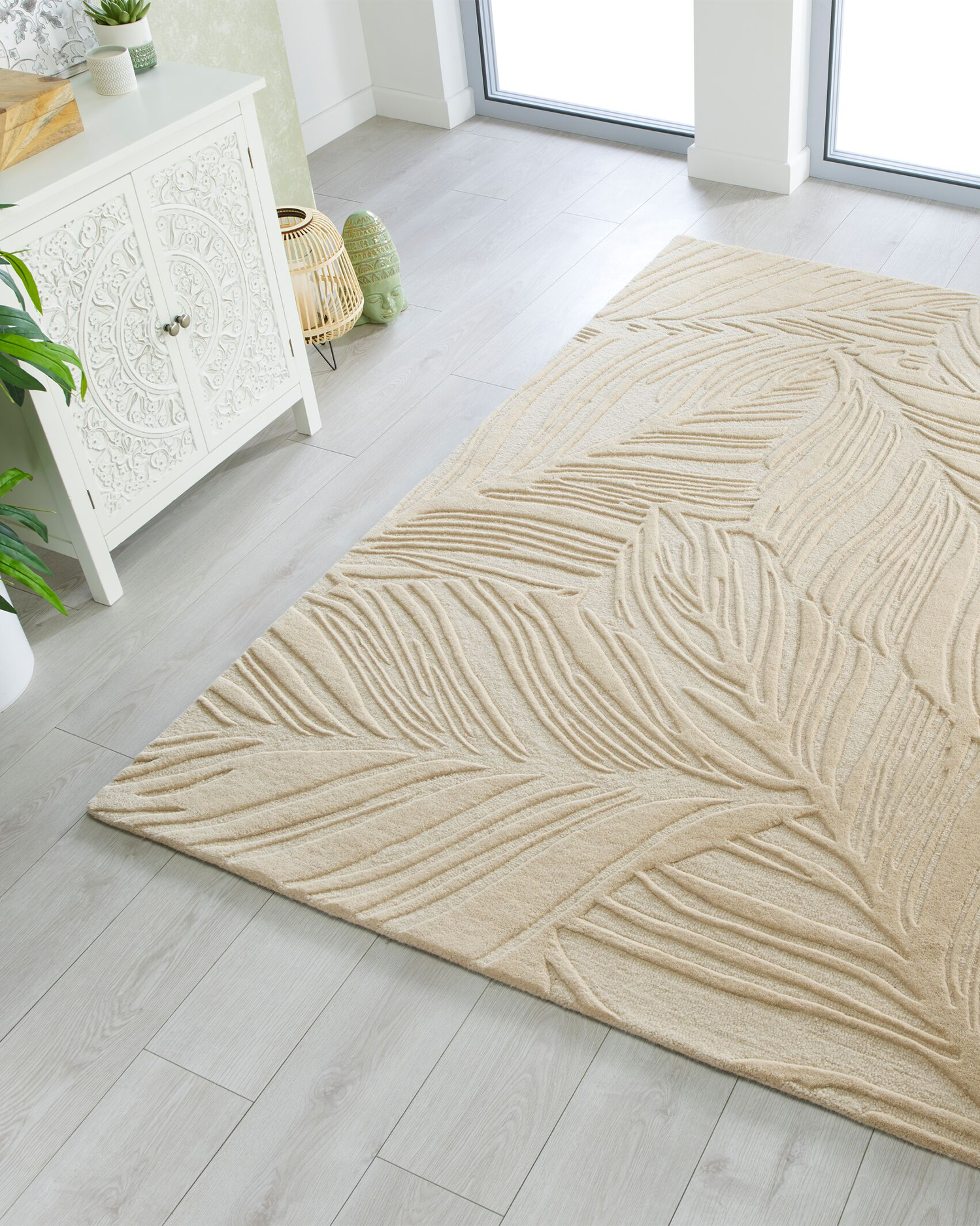 Tappeto in lana Lino Leaf, crema