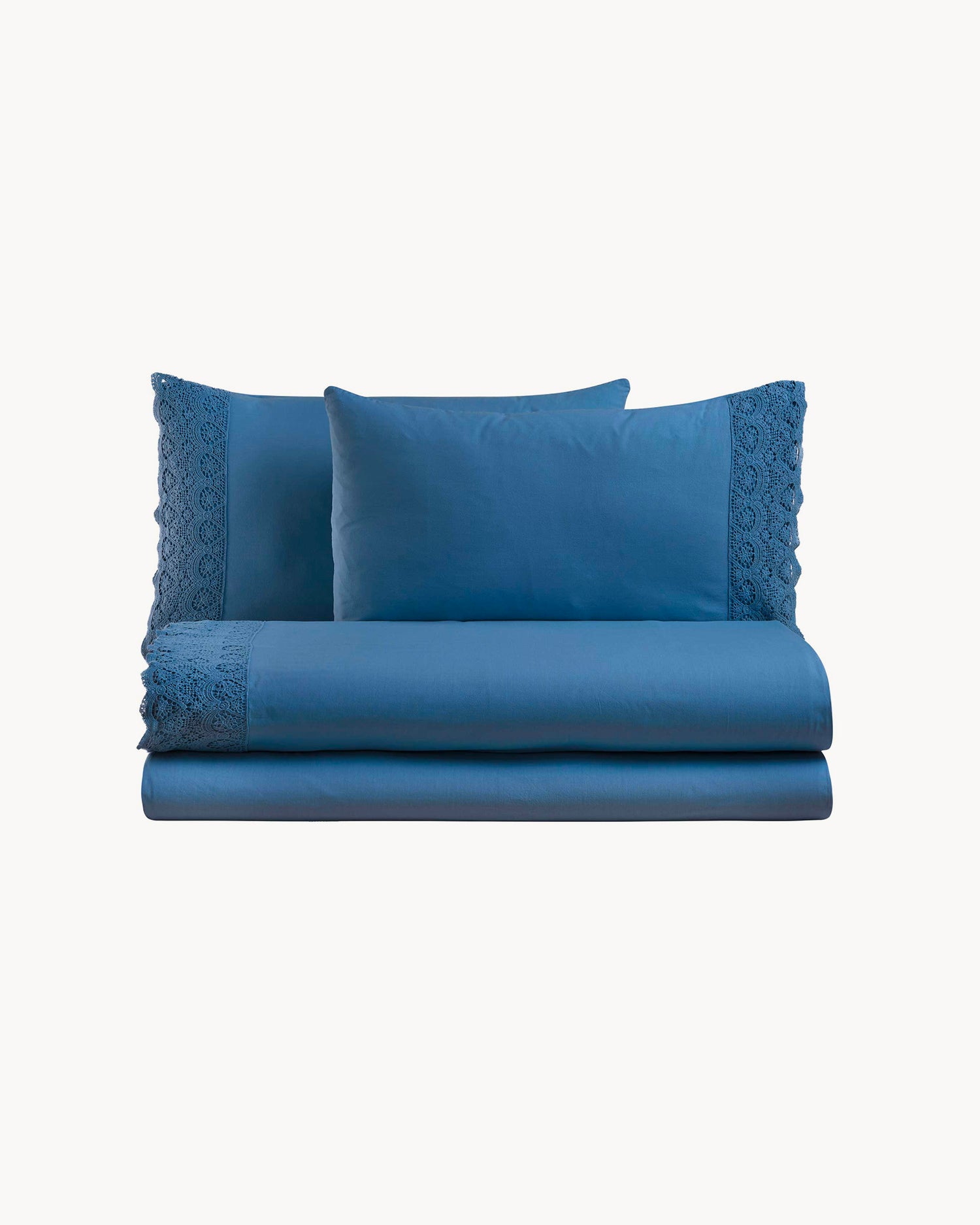 Completo letto matrimoniale in puro cotone con pizzo macramé Canastra, 13 colori disponibili