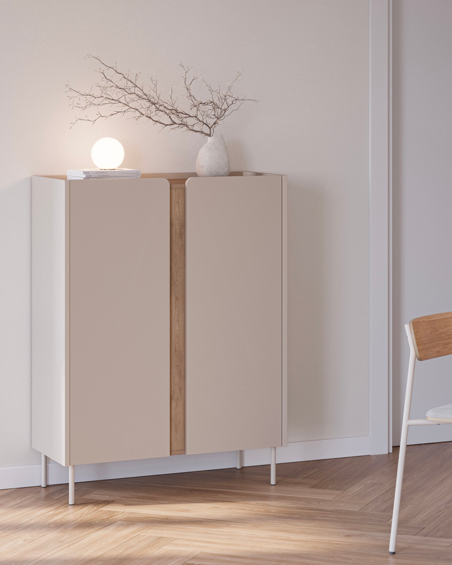 Credenza alta con piano effetto rovere Lucile