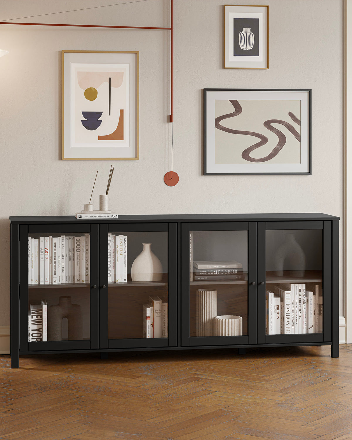 Credenza in legno di pino laccato Alessandra - Legno/Vetro