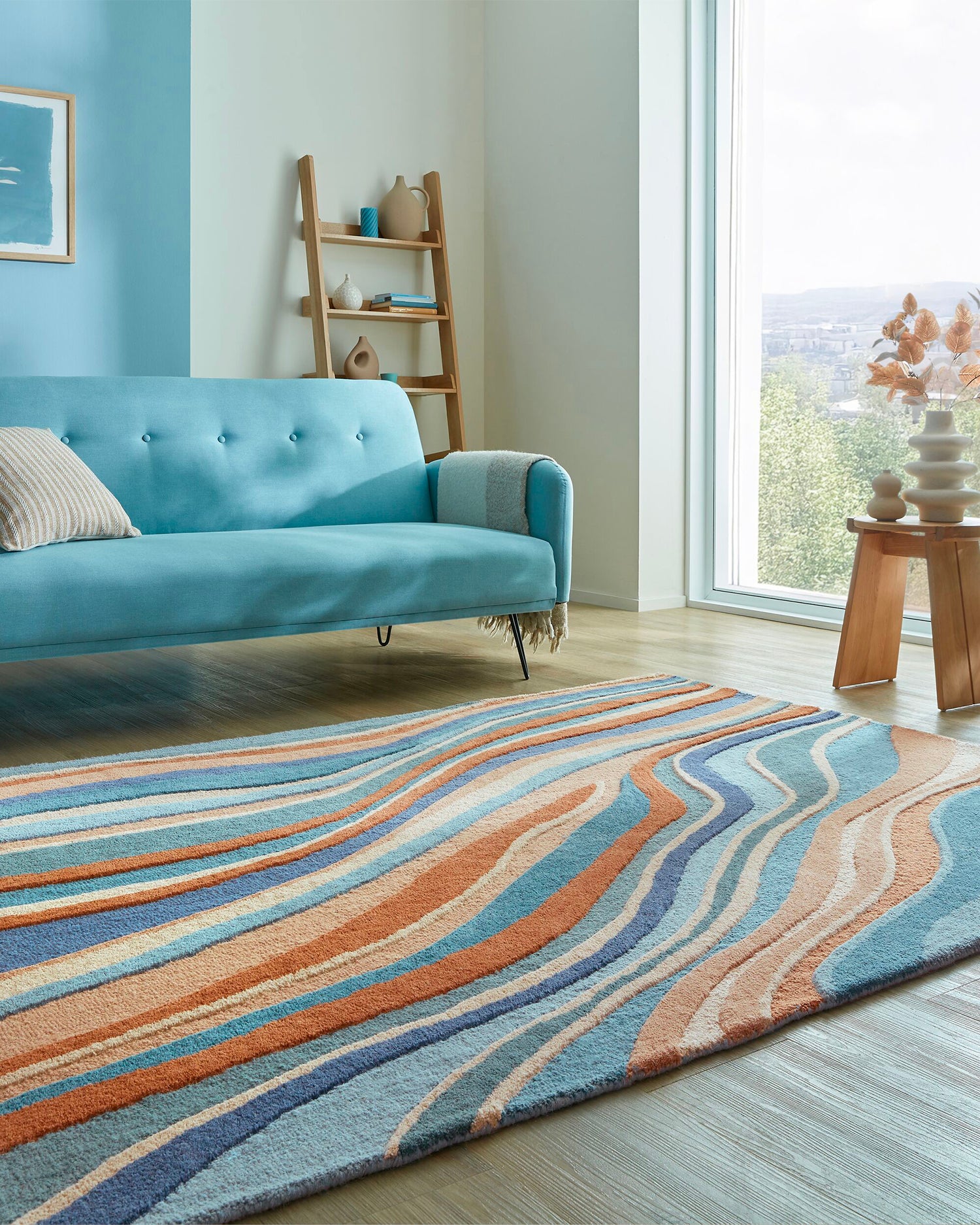 Tappeto astratto in lana Flow, blu