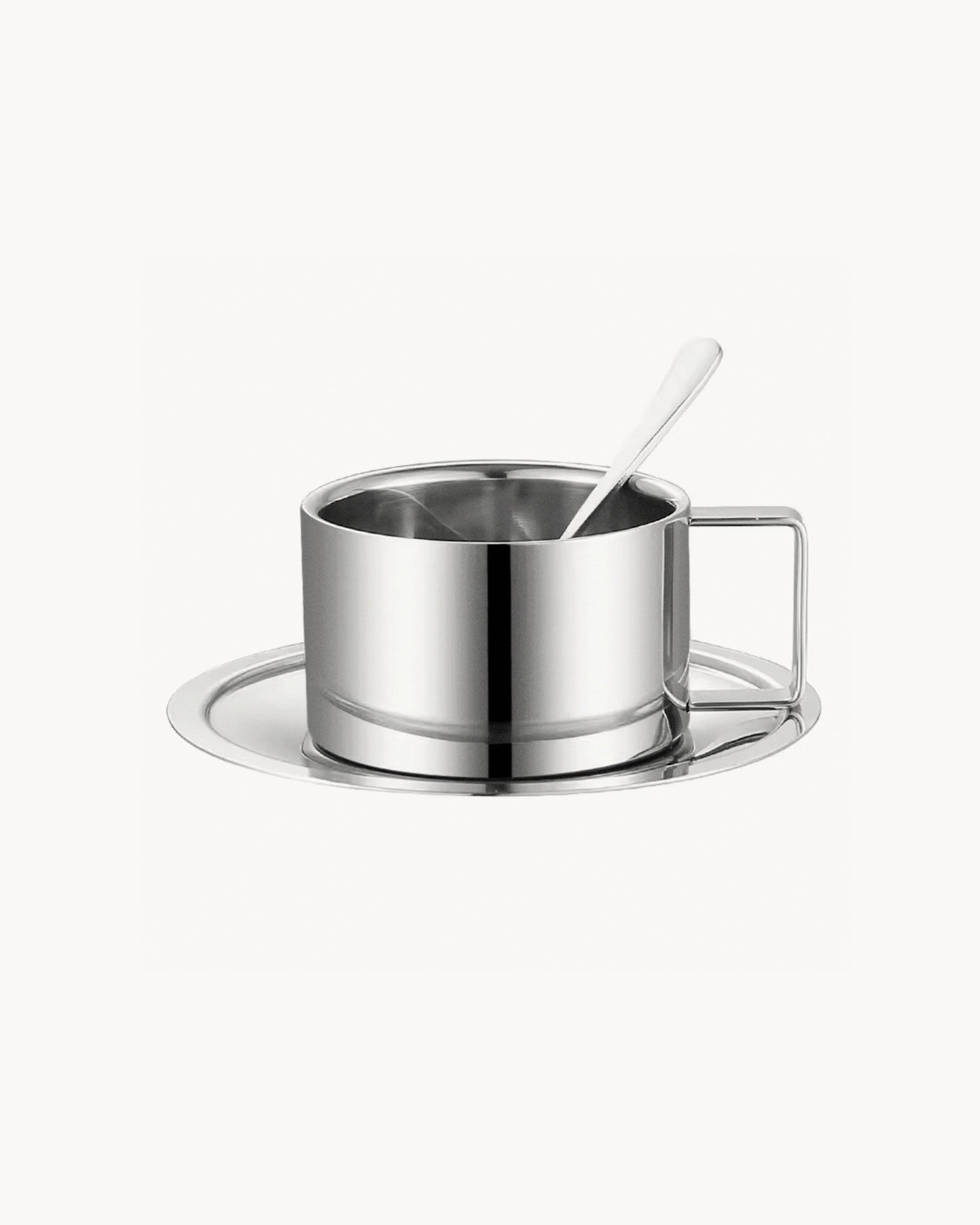 Set 2 tazze da caffè in acciaio con piatto e cucchiaino Luce