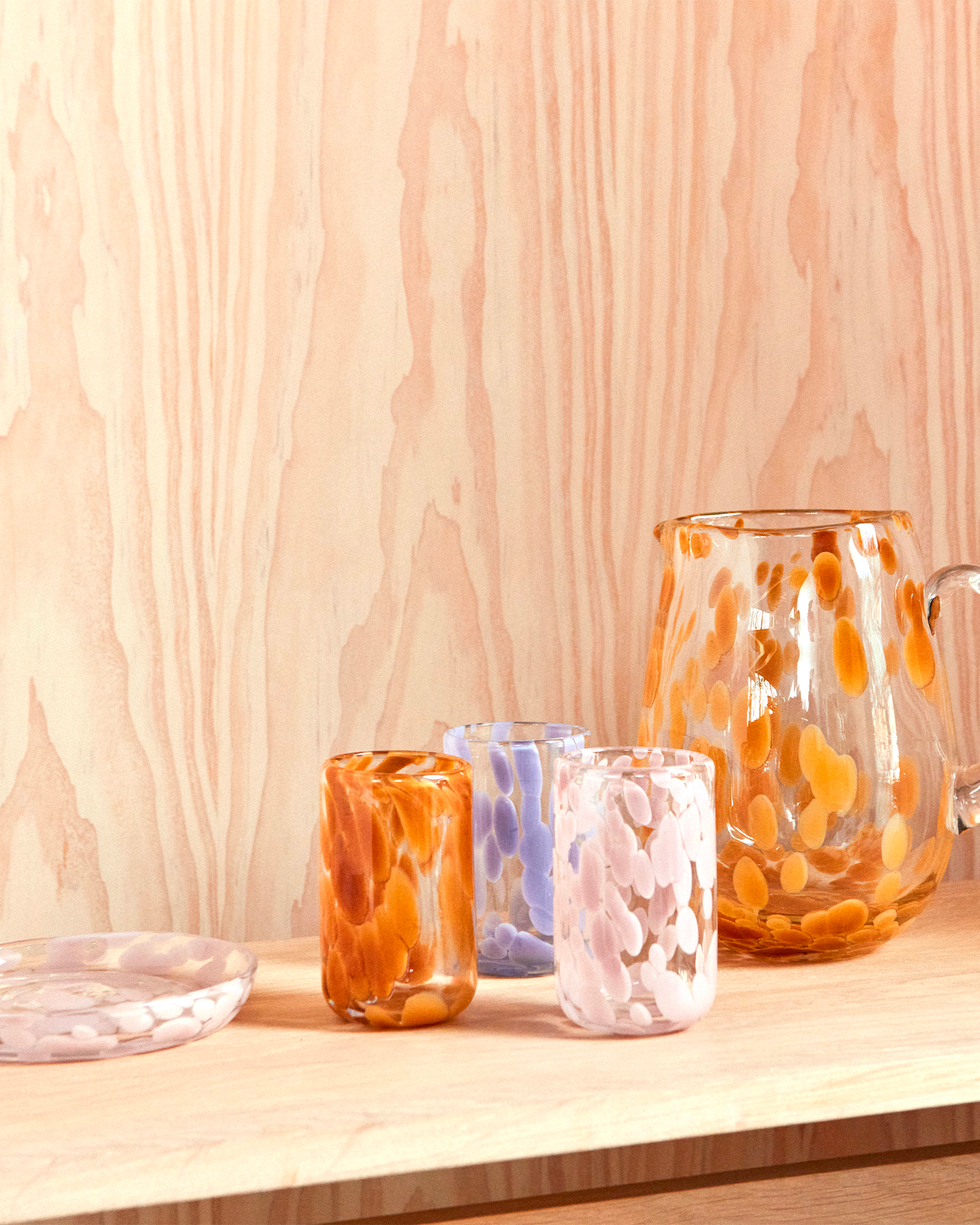 Set 4 bicchieri in vetro fatti a mano con decoro Jali, rosa