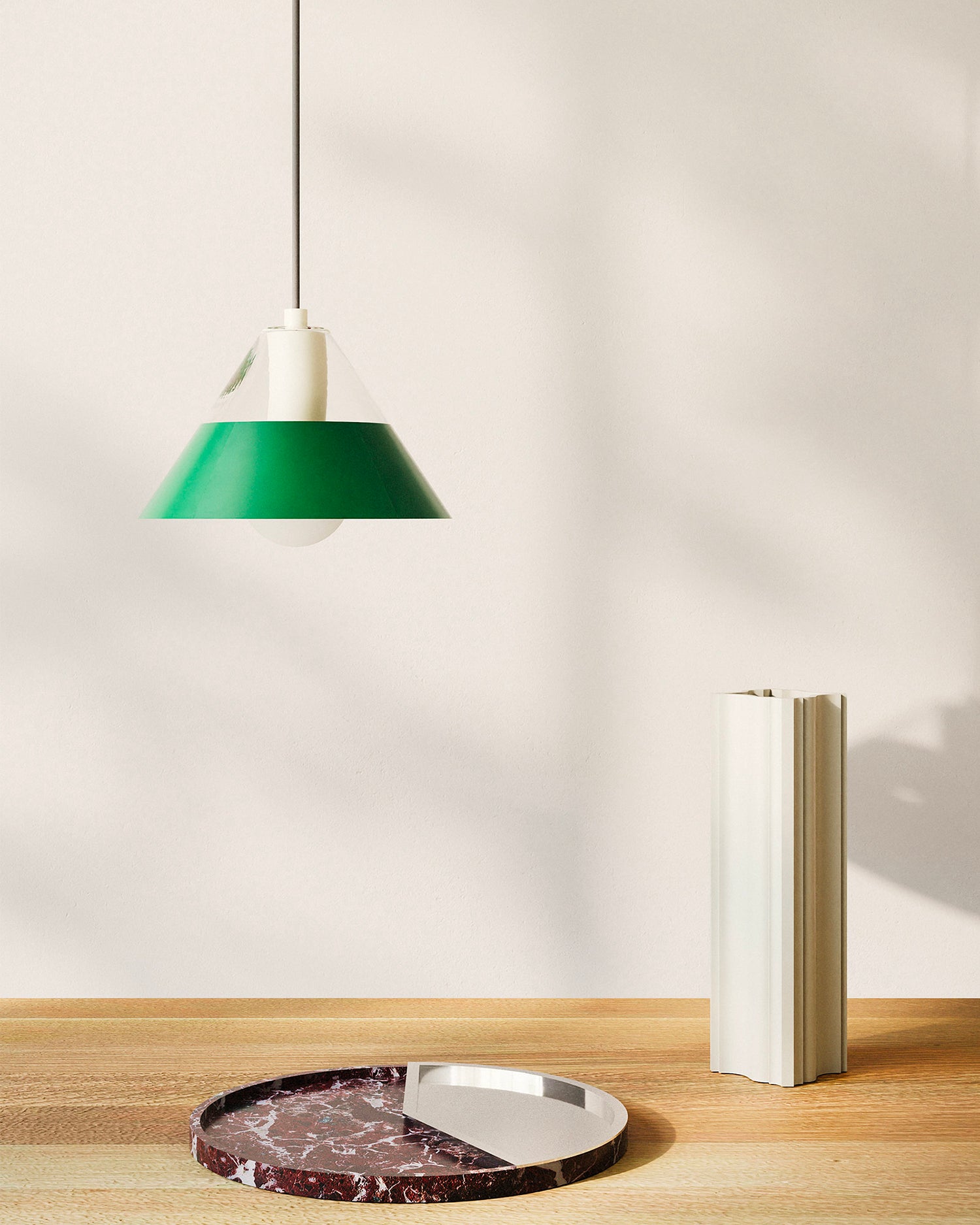 Lampada a sospensione in vetro e acciaio Fifty Fifty