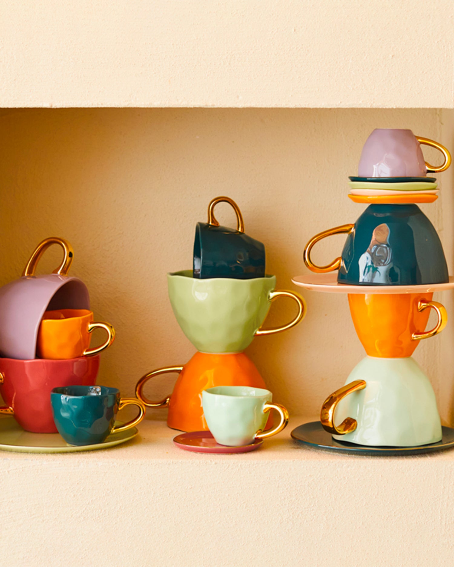 Set 4 tazzine in ceramica con manico oro Good Morning