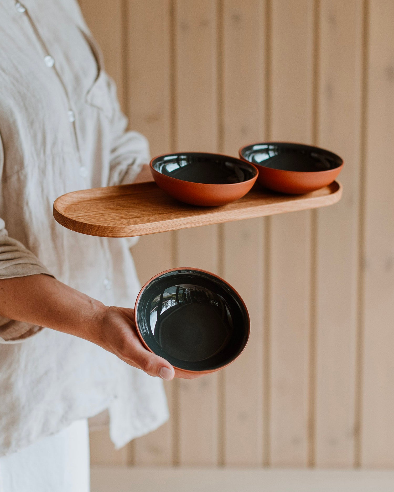 Set 3 bowl in terracotta con vassoio, verde bosco