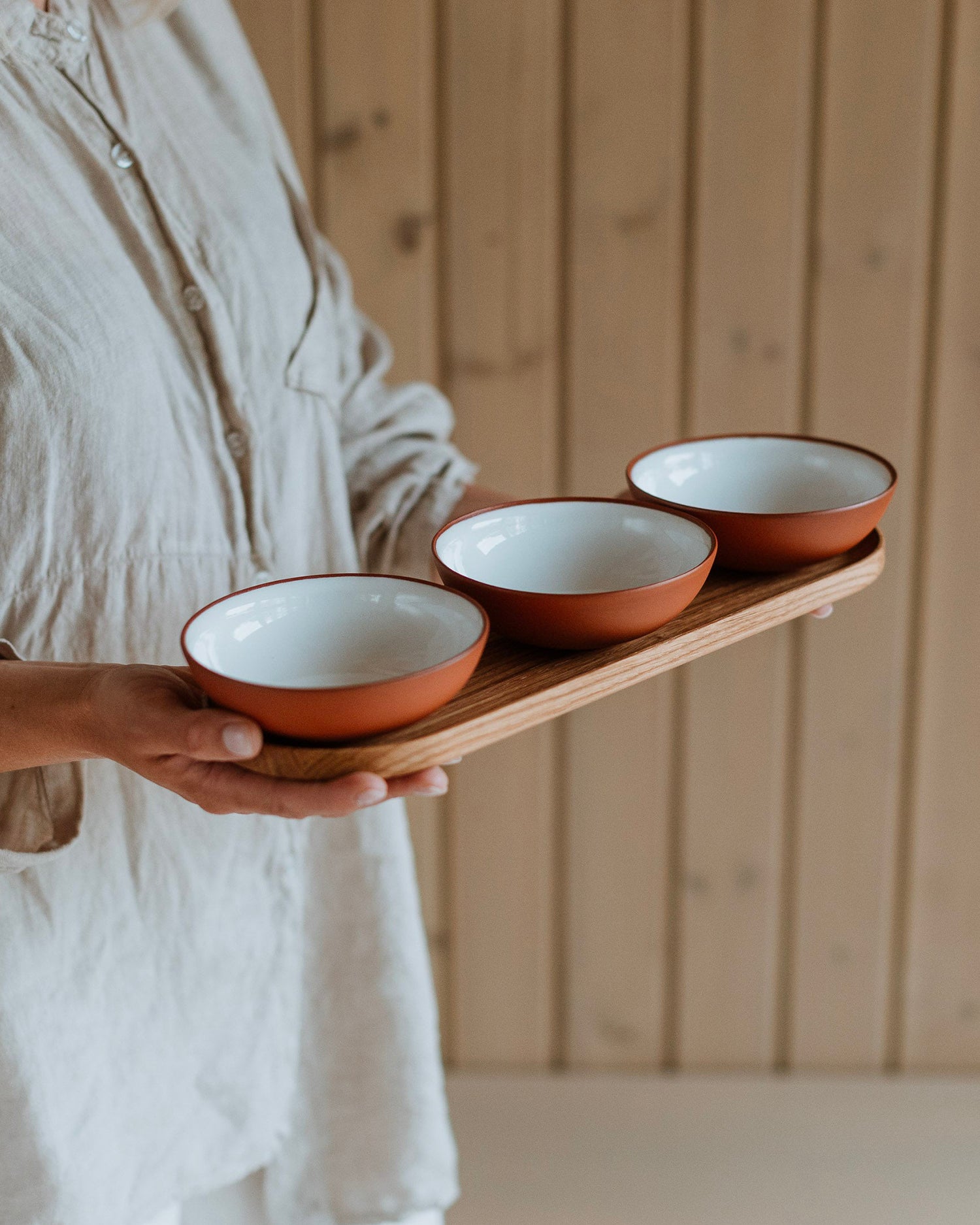 Set 3 bowl in terracotta con vassoio, bianco