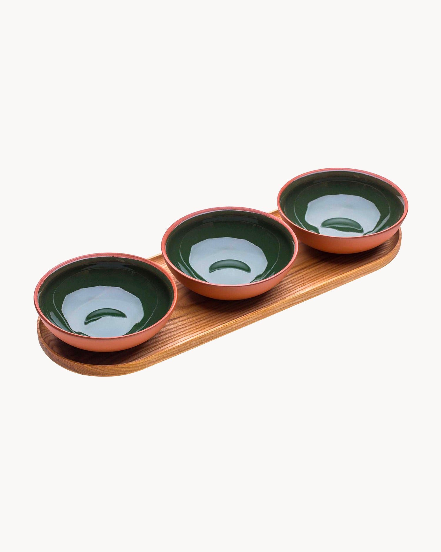 Set 3 bowl in terracotta con vassoio, verde bosco