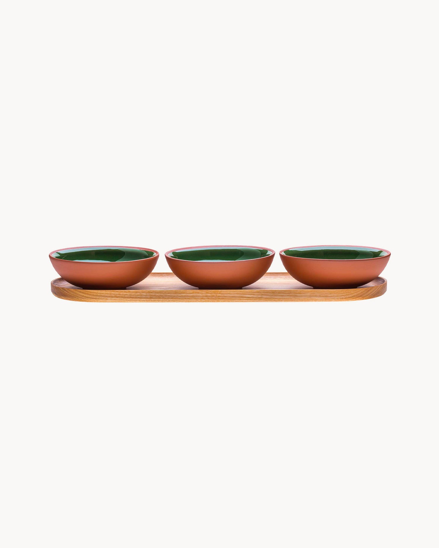 Set 3 bowl in terracotta con vassoio, verde bosco