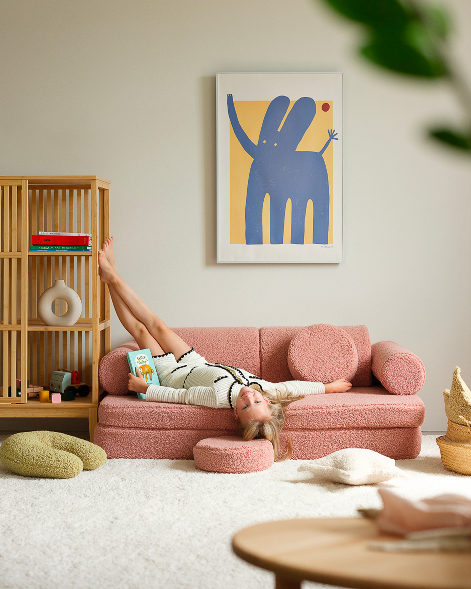 Divano modulare per bambini in teddy, rosa