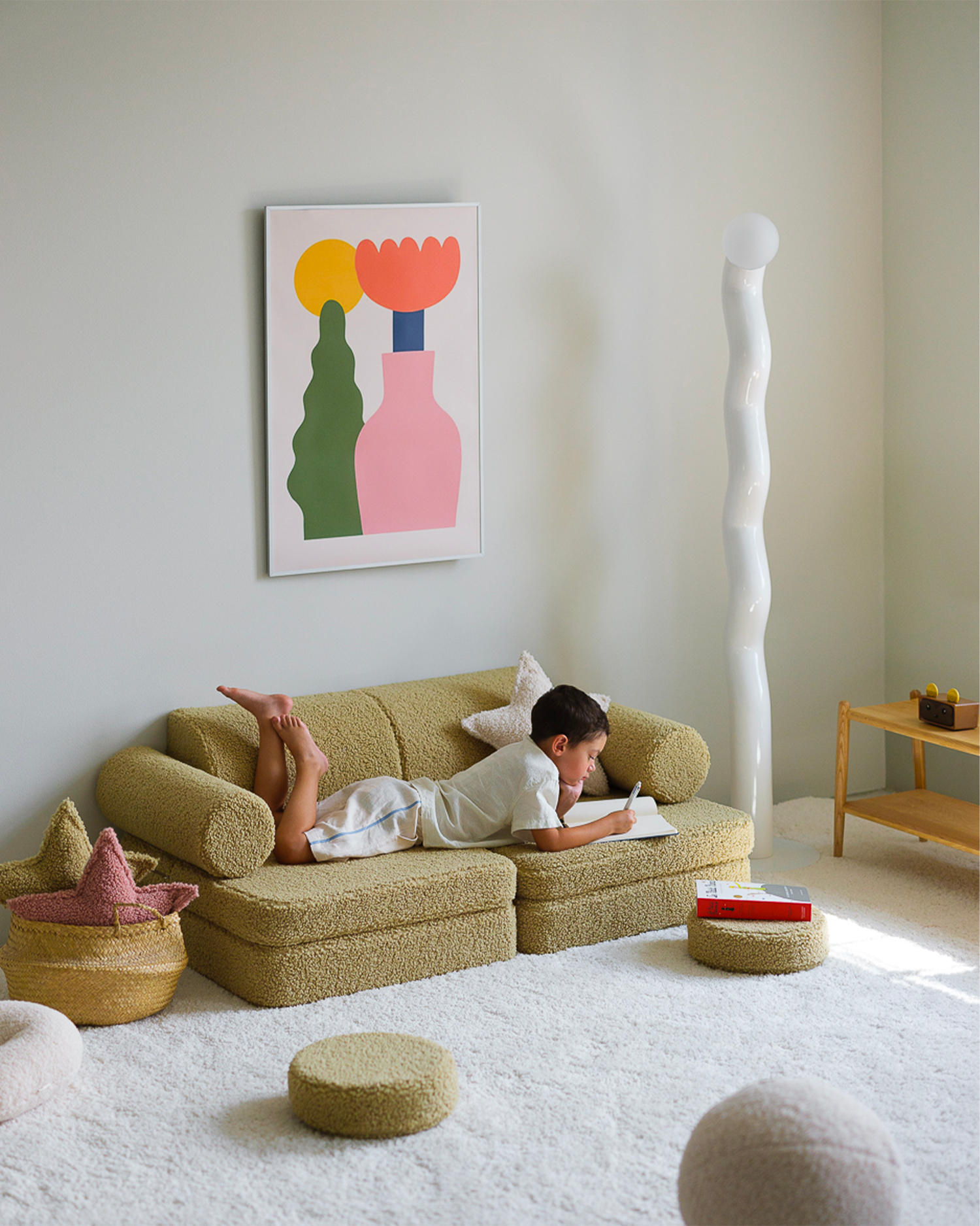 Divano modulare per bambini in teddy, matcha