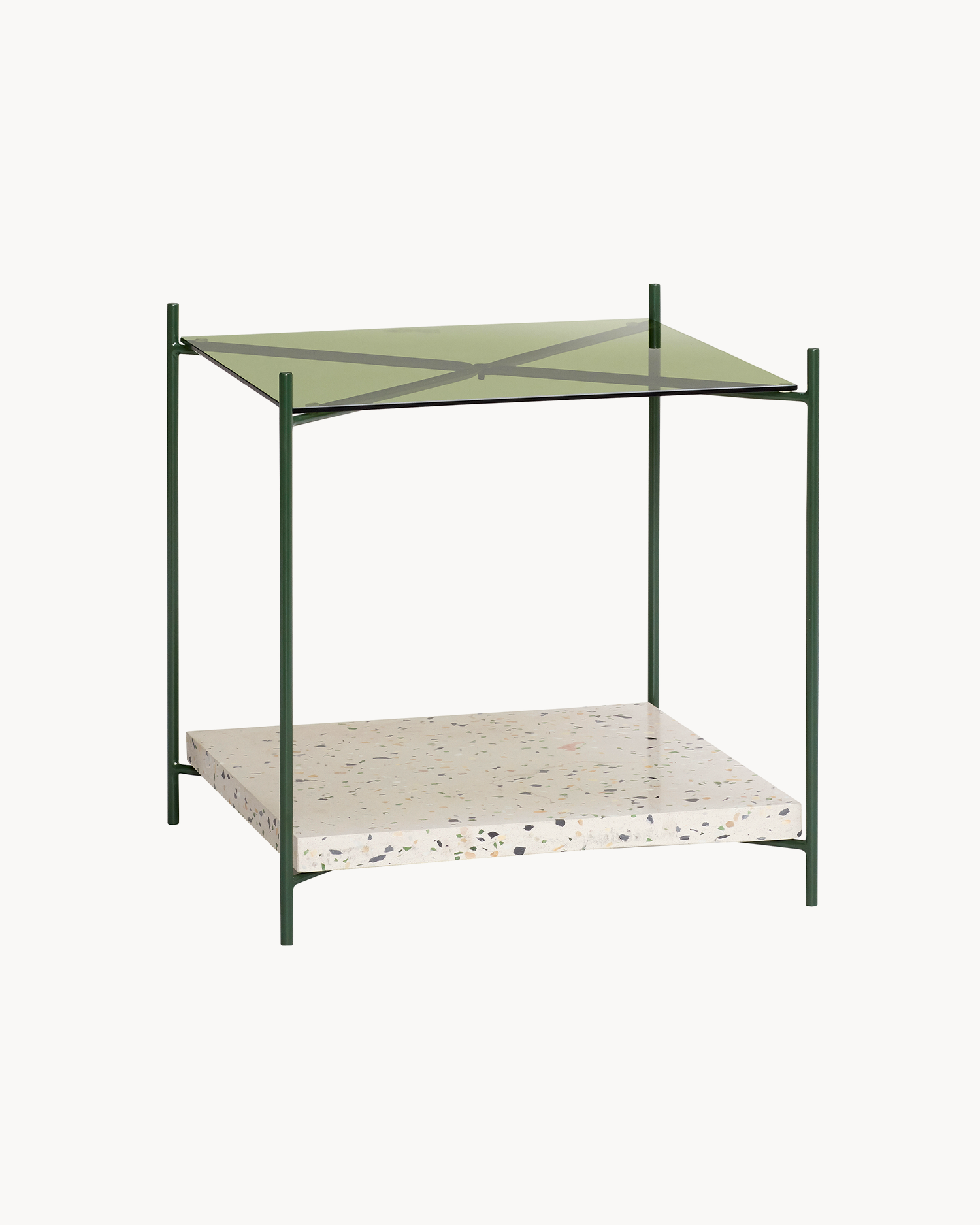 Tavolino in metallo con ripiani in vetro e terrazzo Niche