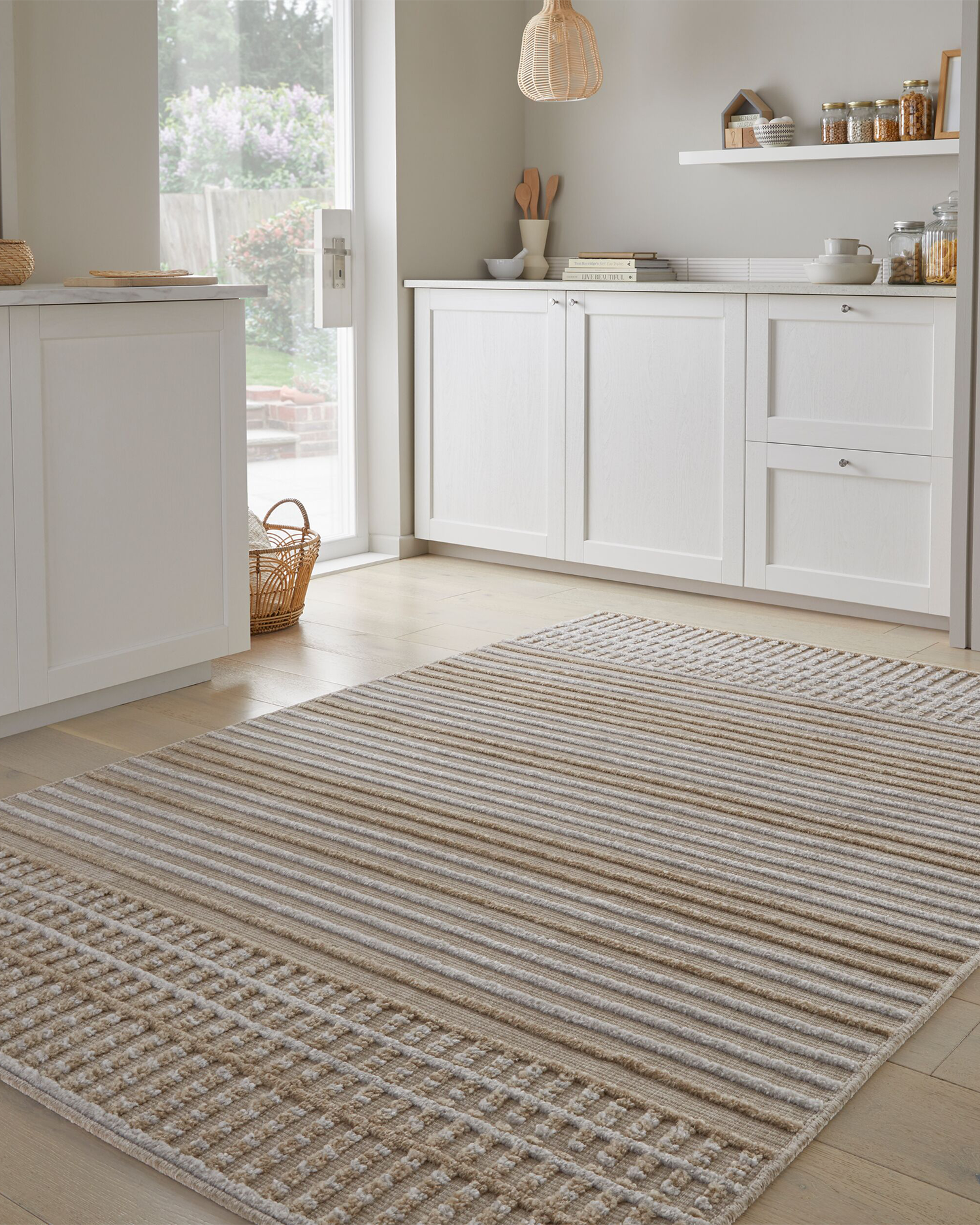 Tappeto lavabile a righe Elton, beige