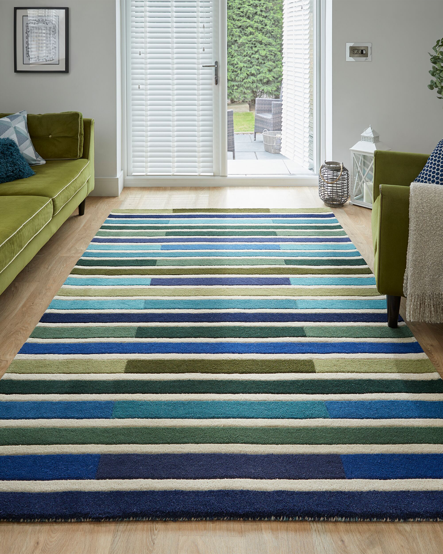Tappeto moderno a righe in lana Piano, multicolore verde