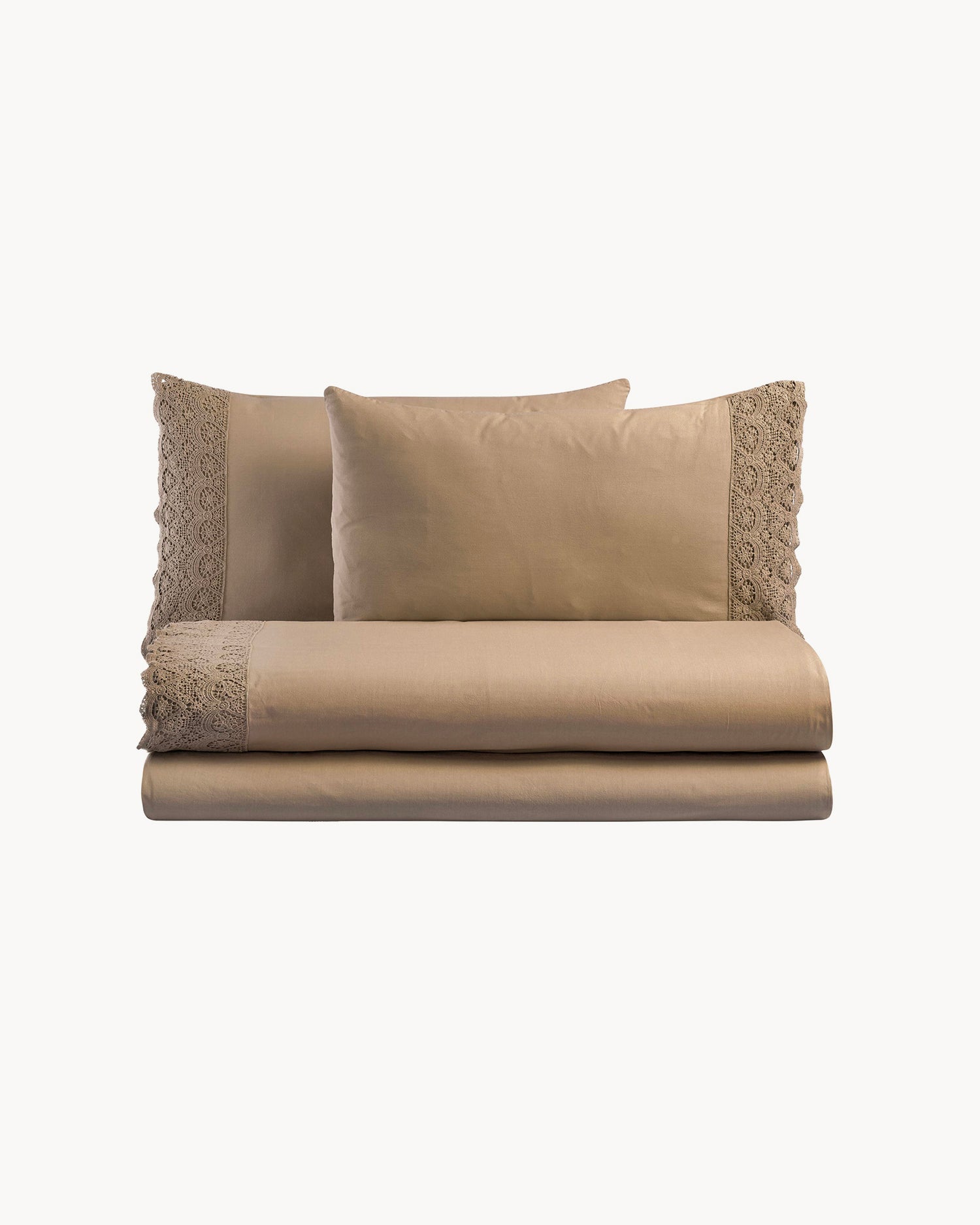 Completo letto matrimoniale in puro cotone con pizzo macramé Canastra, 13 colori disponibili