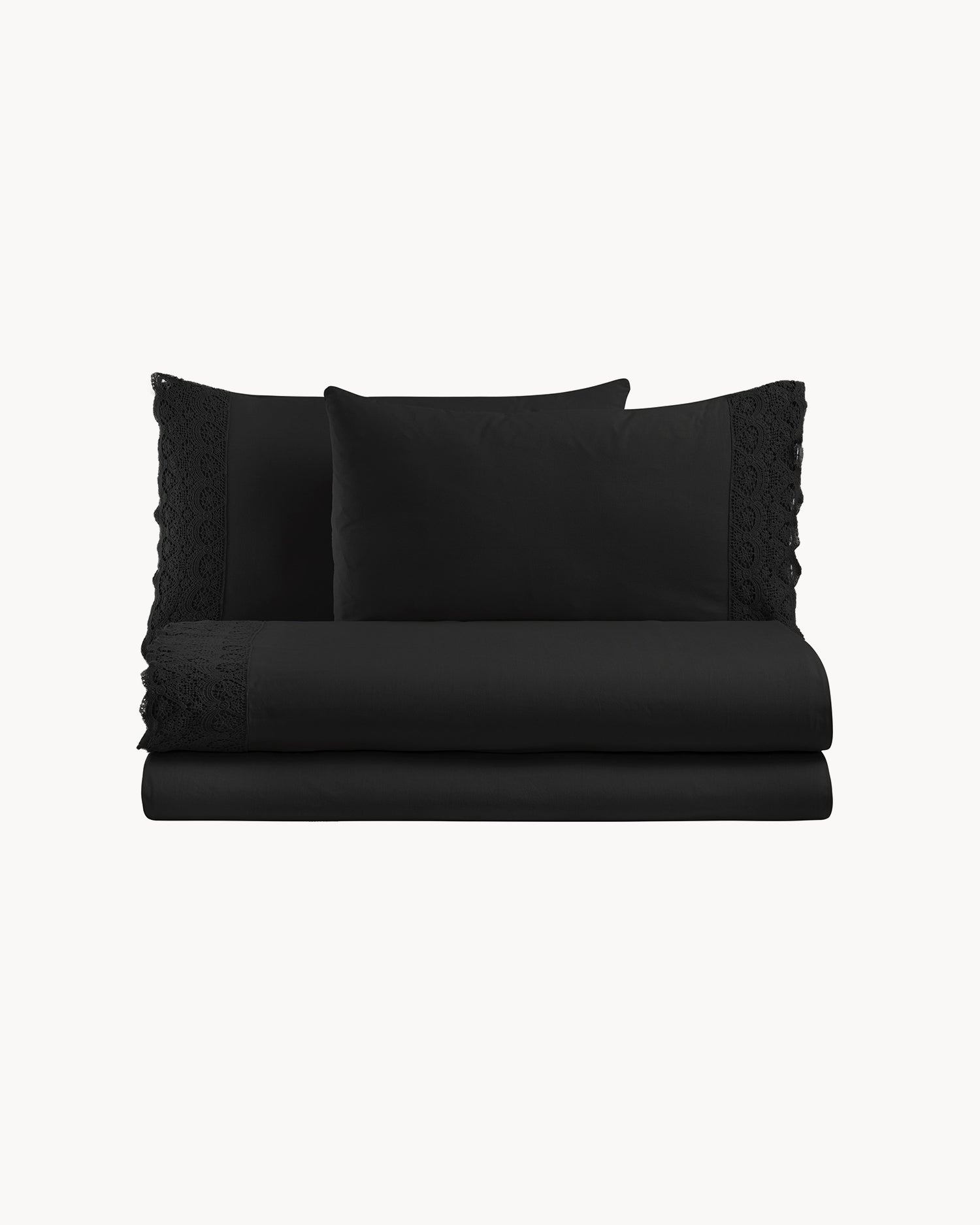 Completo letto matrimoniale in puro cotone con pizzo macramé Canastra, 13 colori disponibili