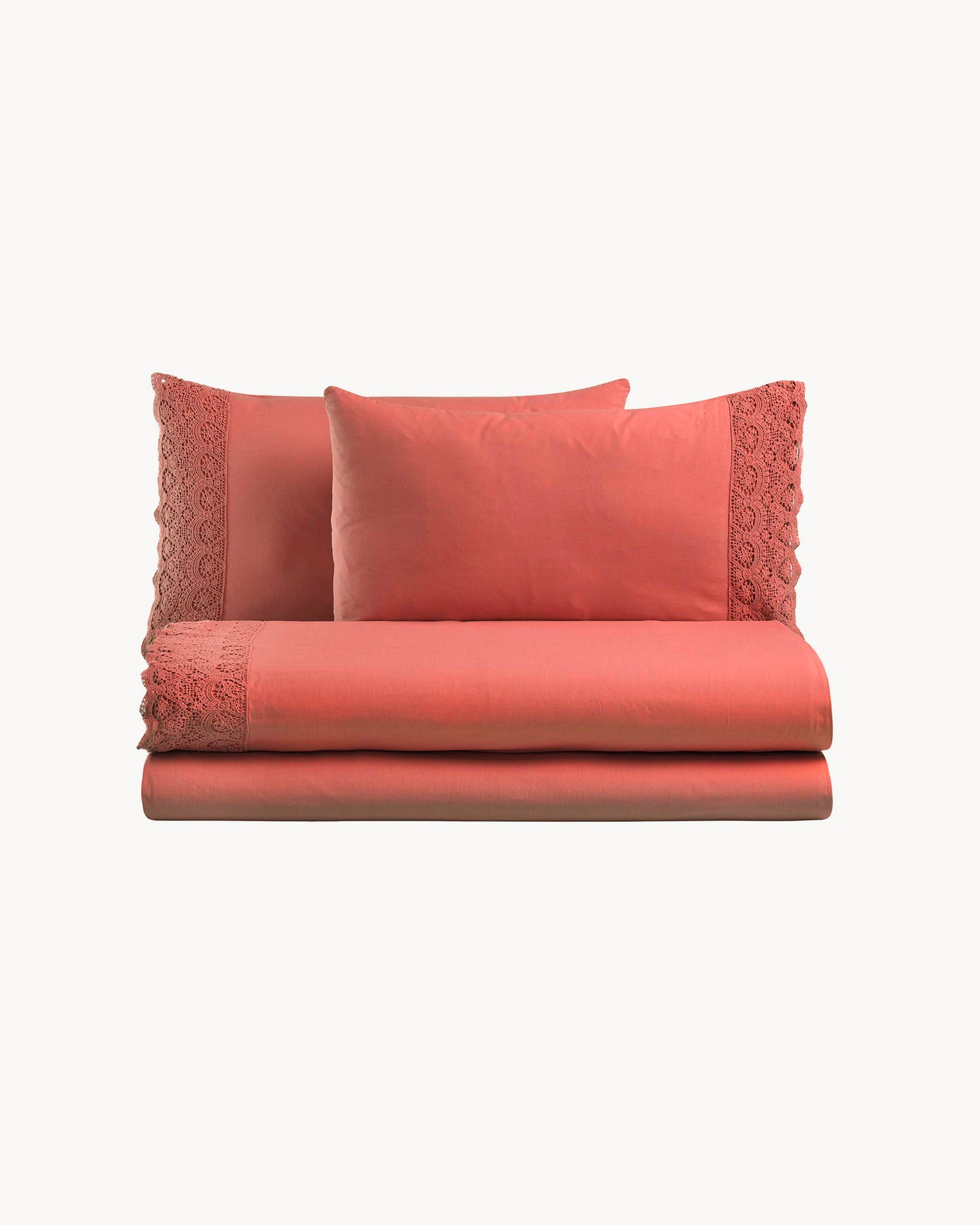 Completo letto matrimoniale in puro cotone con pizzo macramé Canastra, 13 colori disponibili