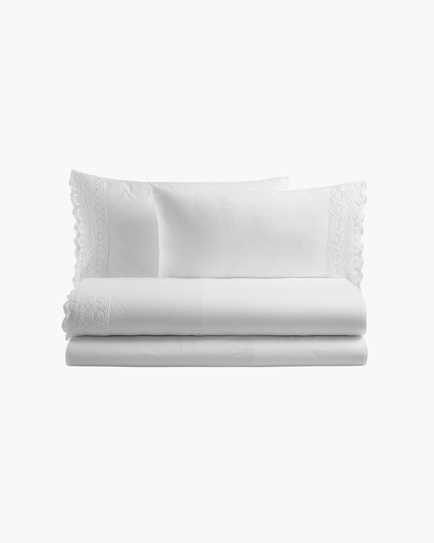 Completo letto matrimoniale in puro cotone con pizzo macramé Canastra, 13 colori disponibili