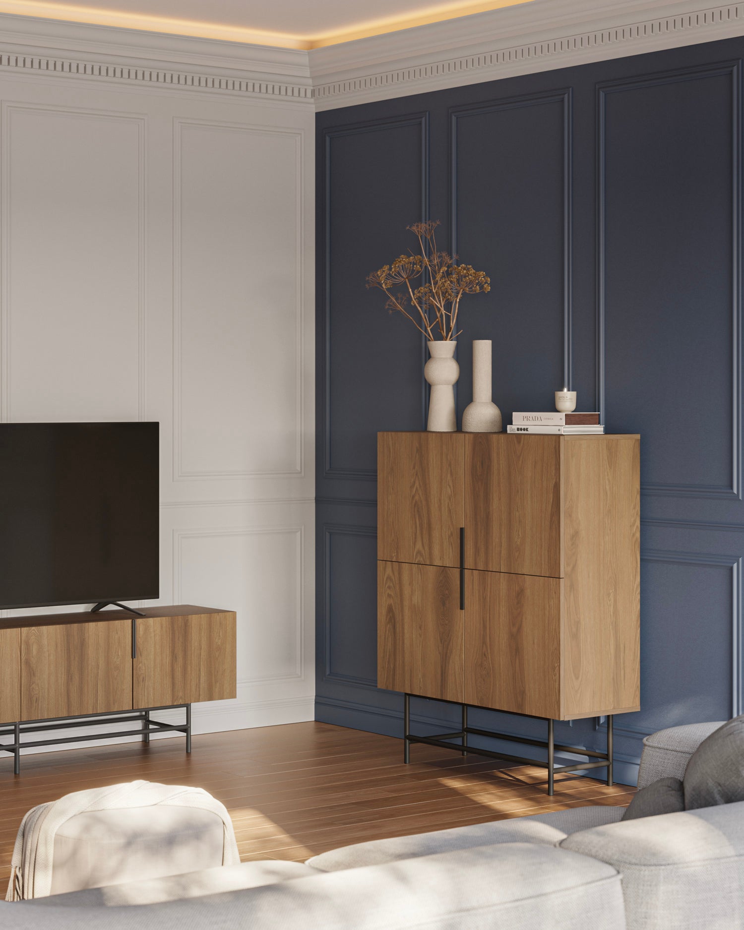 Credenza alta effetto legno con gambe in metallo Eldia