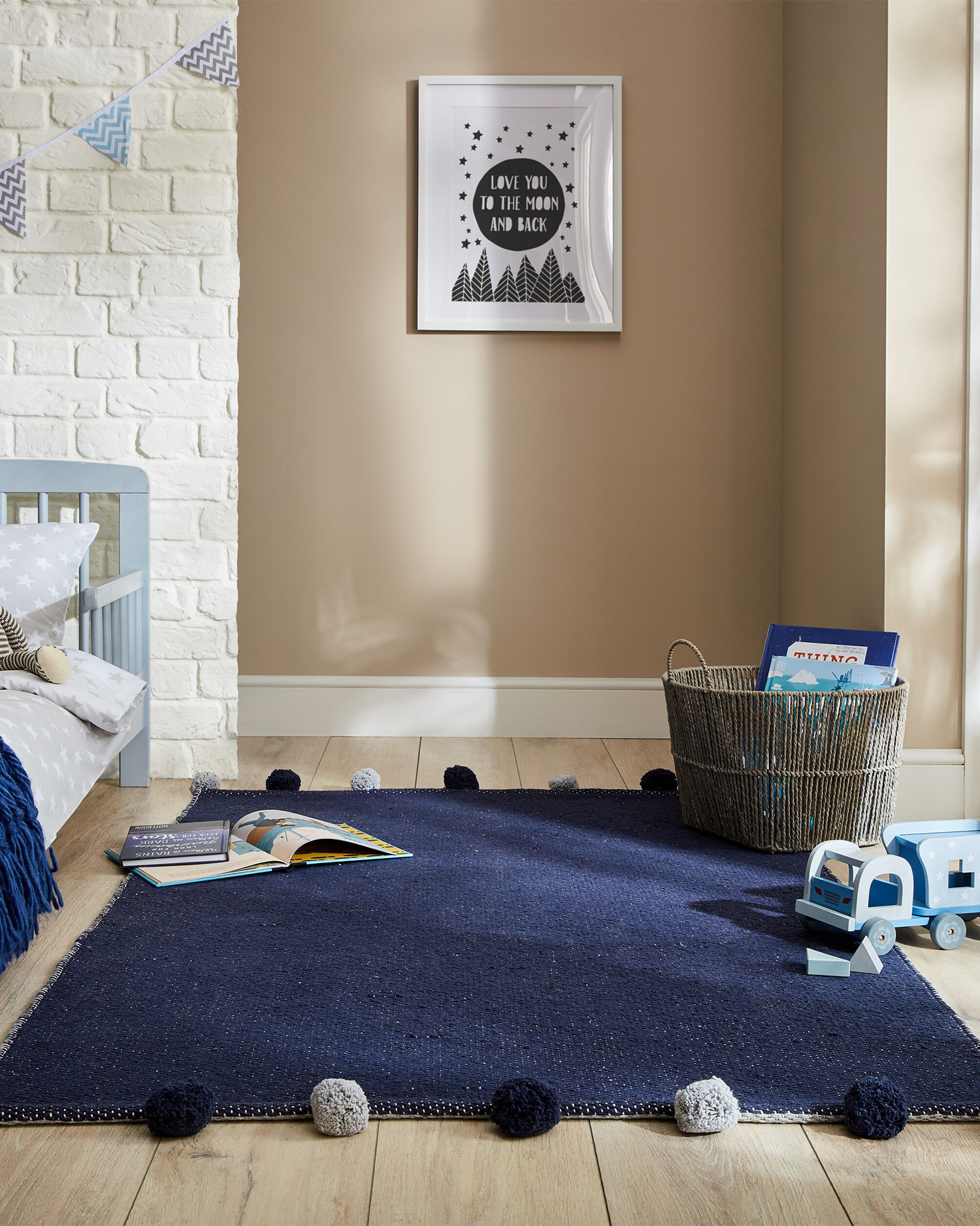 Tappeto reversibile in cotone pom pom, blu