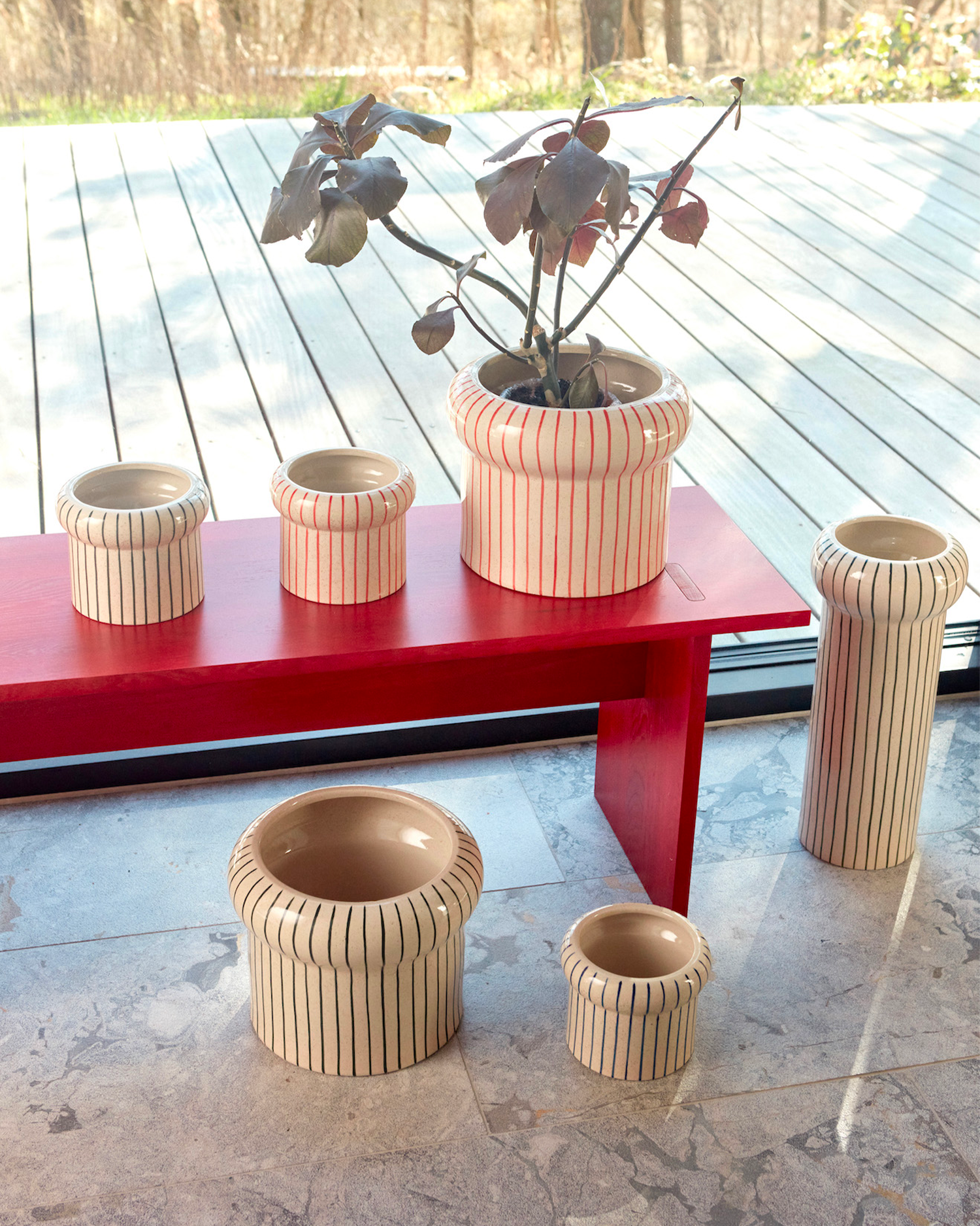 Portavaso in ceramica dipinto a mano con stisce verdi Aki