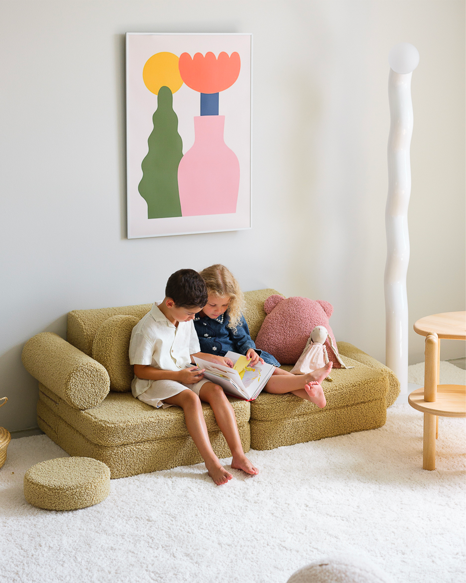 Divano modulare per bambini in teddy, matcha